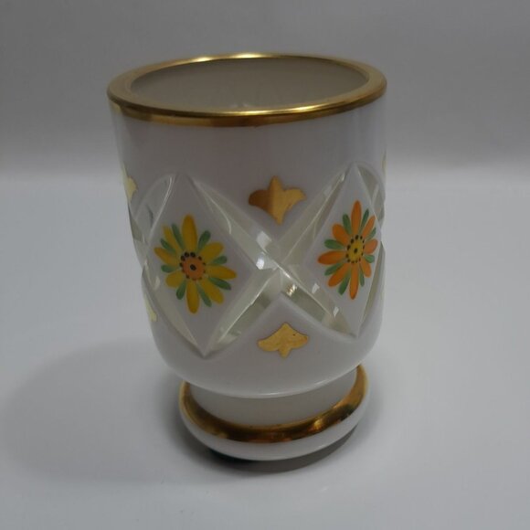 Vintage Czech Bohemian Cased Glass White Overlay Cut To Clear Floral Vase - Picture 3 of 8